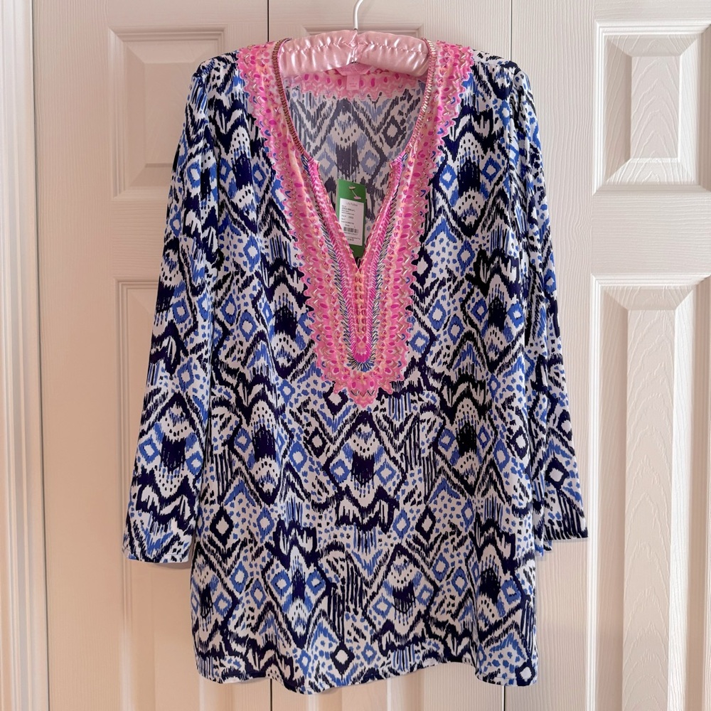 EUC LILLY PULITZER Oh My Cod Renato Dinner Tunic 100% silk, Size LARGE